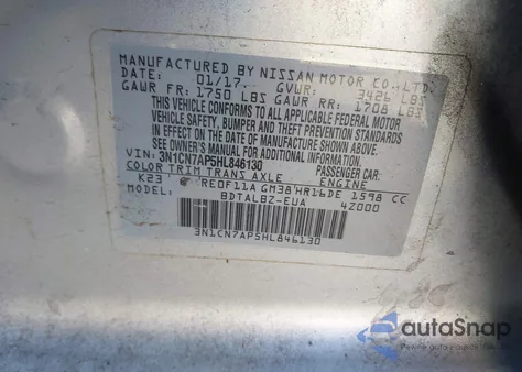 2017 Nissan Versa 1.6 Sv z USA, uszkodzony, nr VIN 3N1CN7AP5HL846130